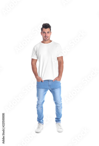 Young man in t-shirt on white background. Mockup for design © New Africa