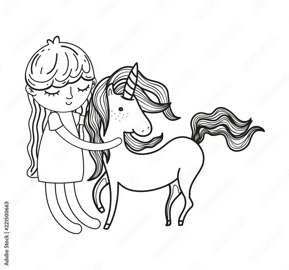 Plakat line cute girl with mythology unicorn animal