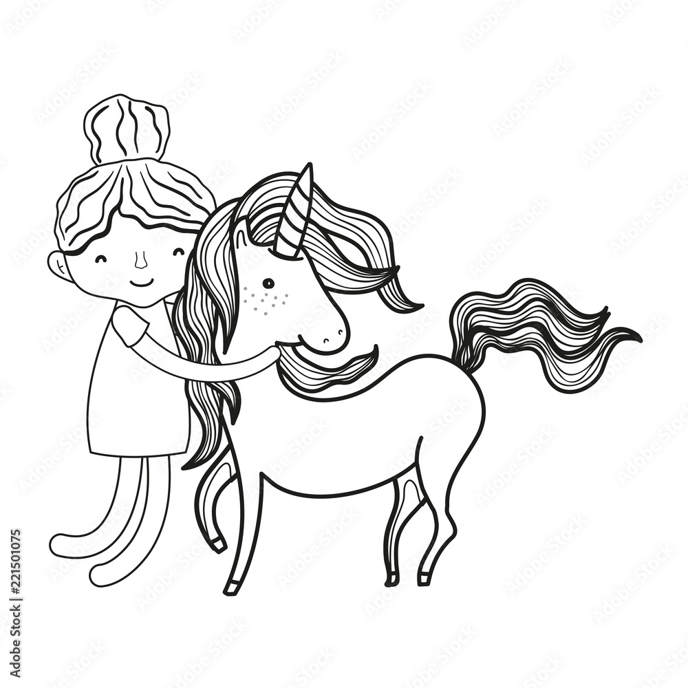 Plakat line boy hugging beauty unicorn hairstyle