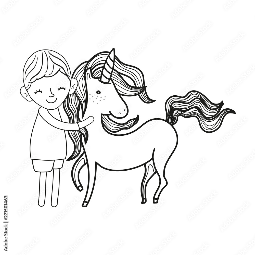 Plakat line cute boy with beauty unicorn animal