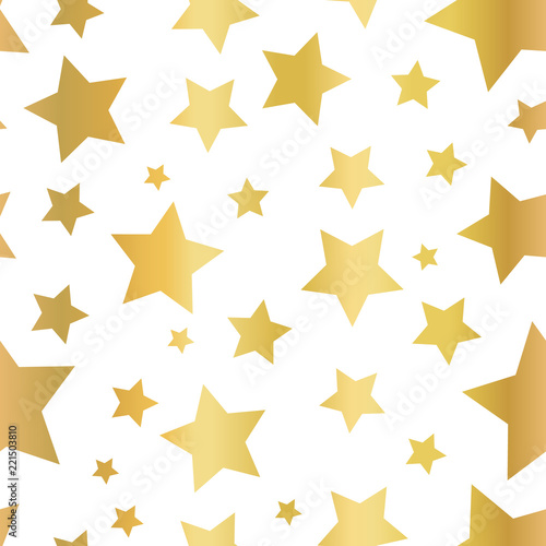Gold foil star shapes seamless vector pattern. Golden stars on white background. Gold night sky. Elegant and fancy design for web banner, digital paper, gift wrap, card, birthday, wedding, kids, party