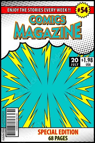 Comic book cover. Background blue and rays yellow.