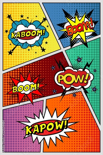 Comic book page. Template with sound effects, KAPOW, POW, KABOOM, BOOM!