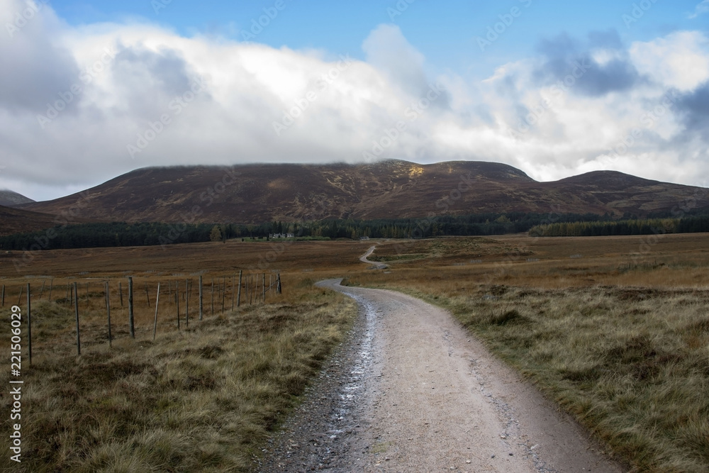 Scottish rural landscape. Pathway to Lochnagar. Cairngorms National Park and Royal Deeside. Ballater, Aberdeenshire, Scotland, UK. 