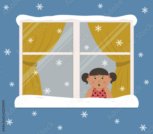 Window with yellow curtains on a snowy day. A cute little girl in the room looks at the snow in surprise. View from the street side. Winter background. Vector illustration.