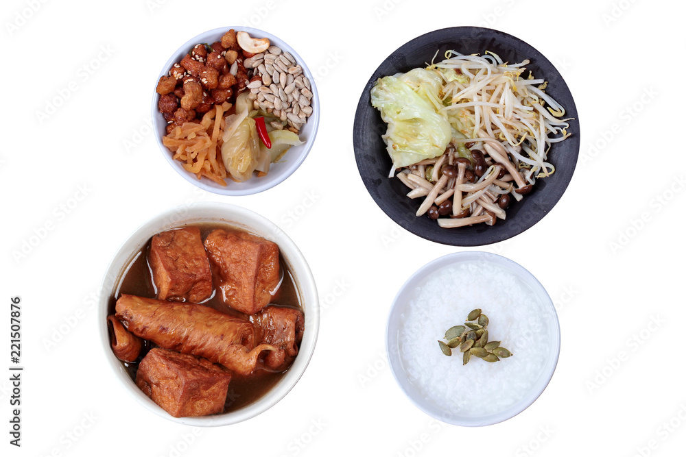 Chinese vegetable festival as rice gruel  fried tofu and fermented flour in brown soup and fried mixed vegetable served side dish.  (topped roasted pumpkin kernel and  fried mushroon, bean sprouts)