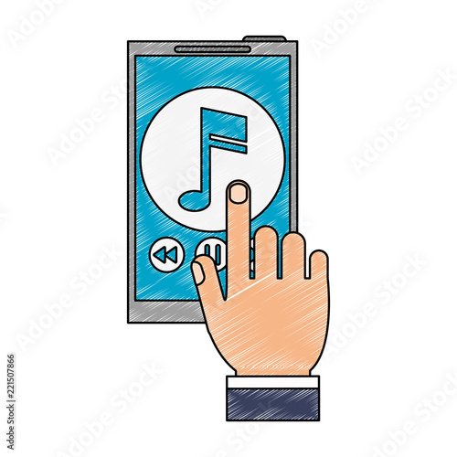 Hand touching smartphone with music scribble