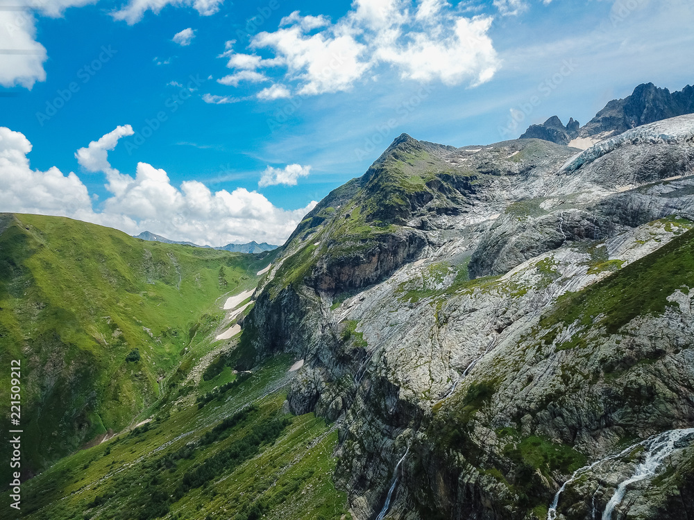 Aerial view from the drone. Sofia waterfalls, Lower Arkhyz, Karachay Cherkess Republic. Aerial view from the drone. Sofia waterfalls, Lower Arkhyz, Karachay Cherkess Republic.