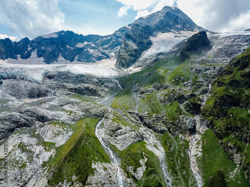 Aerial view from the drone.The source of Sofia waterfalls, Lower Arkhyz, Karachay Cherkess Republic.