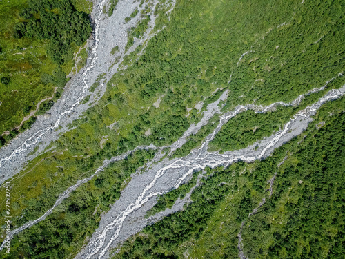 Aerial view from the drone. The valley of the river flowing from the Sofia waterfalls, Lower Arkhyz, Karachay Cherkess Republic. photo