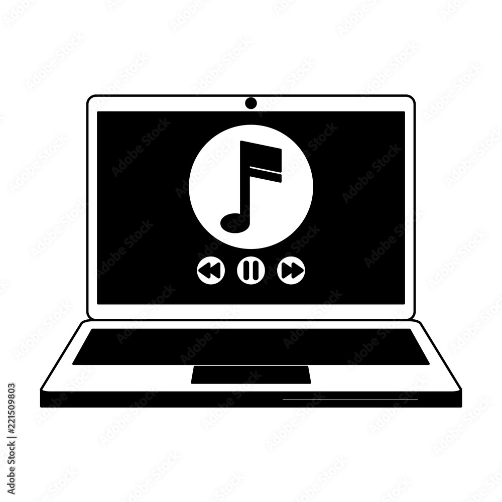 Digital music on laptop in black and white Digital music on laptop in black and white