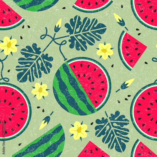Ripe watermelon seamless pattern. Black currant with leaves and flowers on shabby background. Original simple flat illustration. Shabby style.