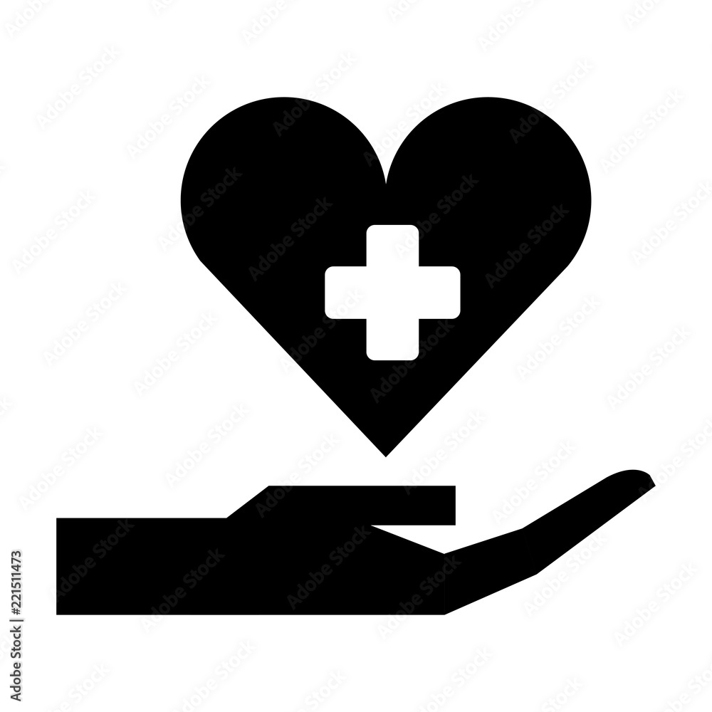 hand with medical heart and cross symbol silhouette hand with medical heart and cross symbol silhouette