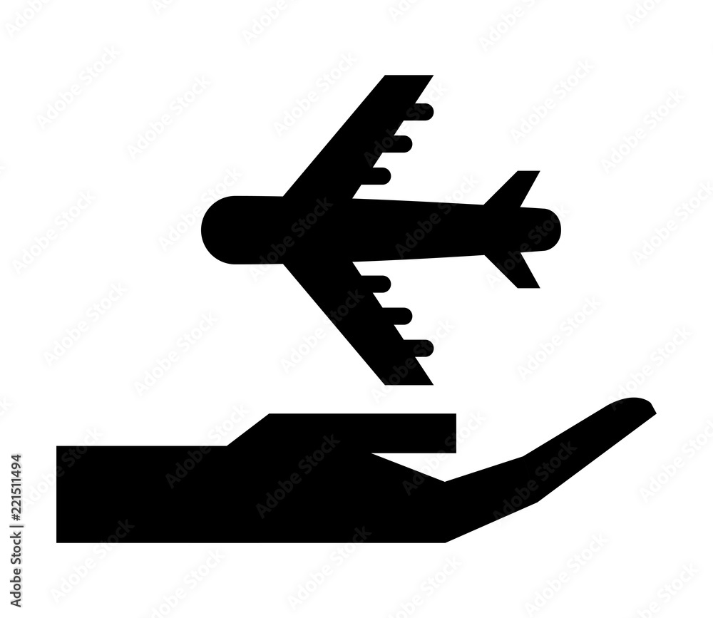 hand with airplane silhouette isolated icon hand with airplane silhouette isolated icon