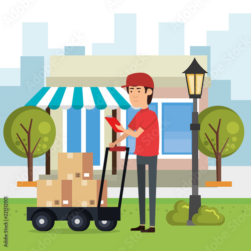 delivery worker with cart boxes character
