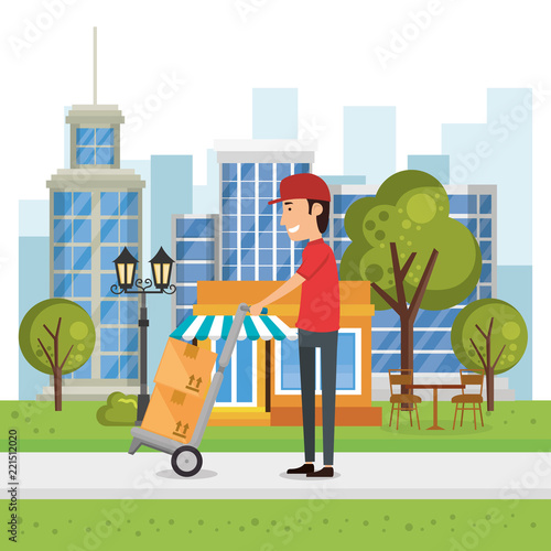 delivery worker with cart boxes character