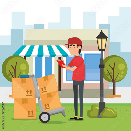 delivery worker with cart boxes character