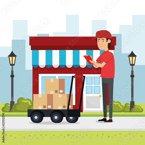 delivery worker with cart boxes character
