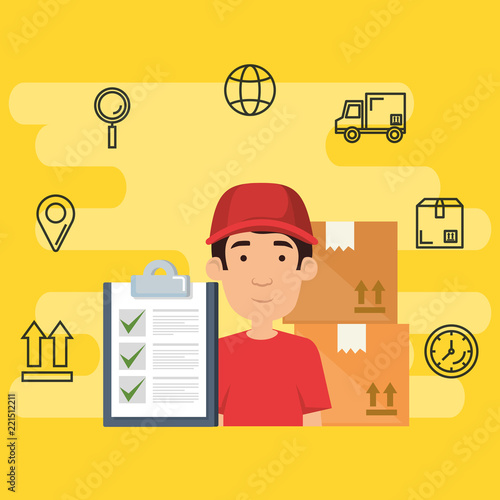 delivery worker with set icons