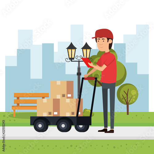 delivery worker with cart boxes character