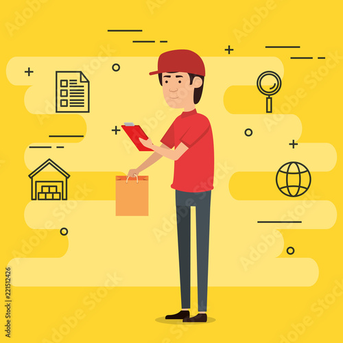 delivery worker with set icons