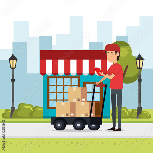 delivery worker with cart boxes character