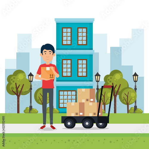 delivery worker with cart boxes character