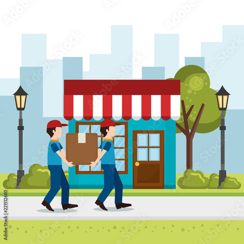 delivery workers lifting box characters