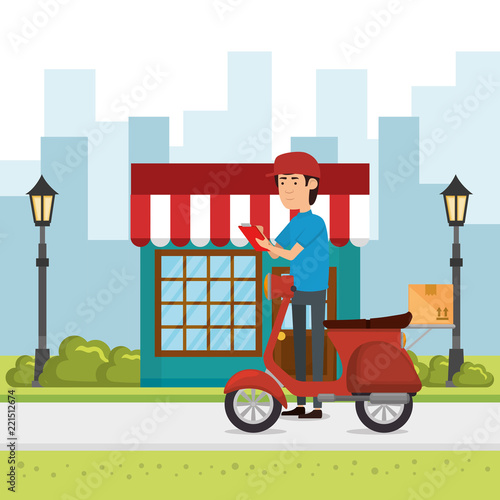 delivery worker with motorcycle character