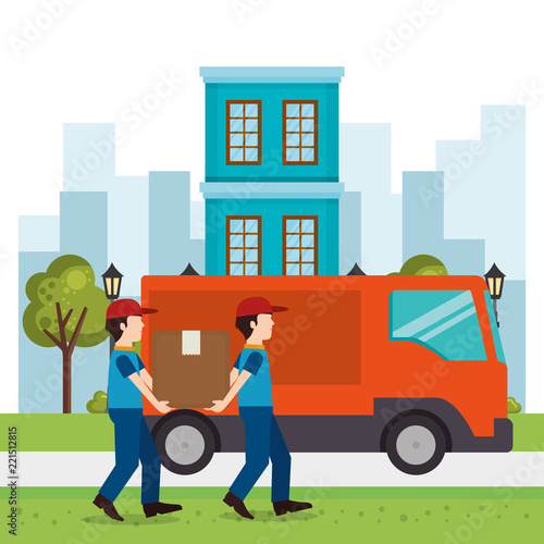 delivery workers lifting box characters
