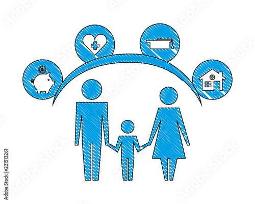 parents and son silhouettes with life icons