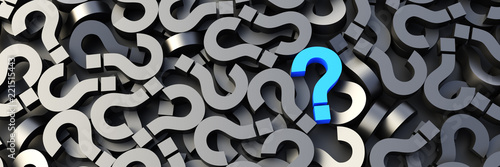 Fotografie Blue question mark on a background of black signs. 3D Rendering.