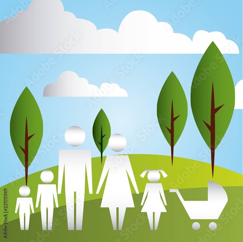 parents and son daughter baby pram in the park family protection