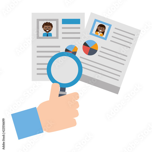 hand with set of curriculum vitae and magnifying glass