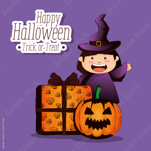 happy halloween card with little witch