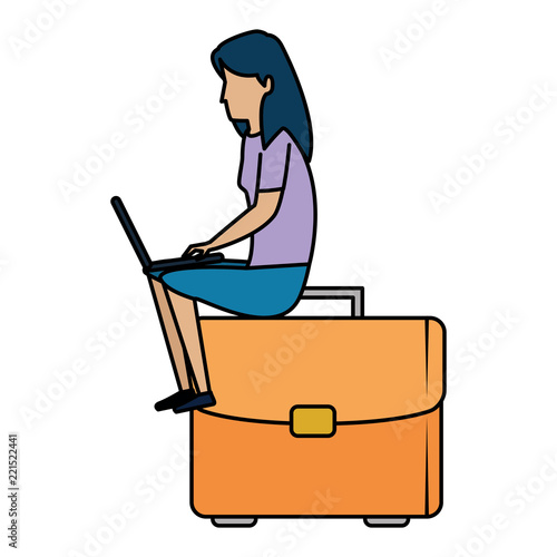young woman working with laptop in portfolio