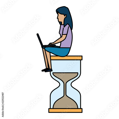 young woman working with laptop in hourglass