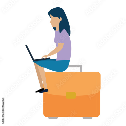 young woman working with laptop in portfolio