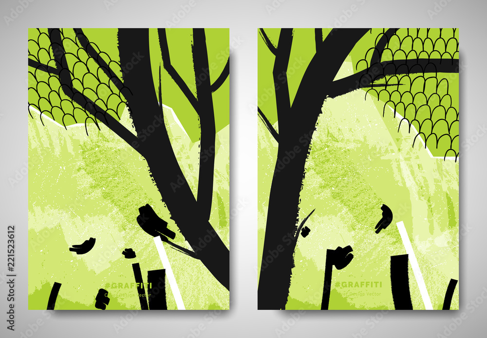Cover/ invitation card template design, ripped torn paper tree with abstract hand drawn art elements, black and green tones