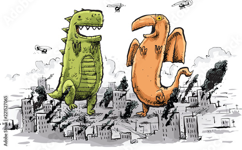 Cartoon of two giant monsters dancing happily in the wreckage of a destroyed city.