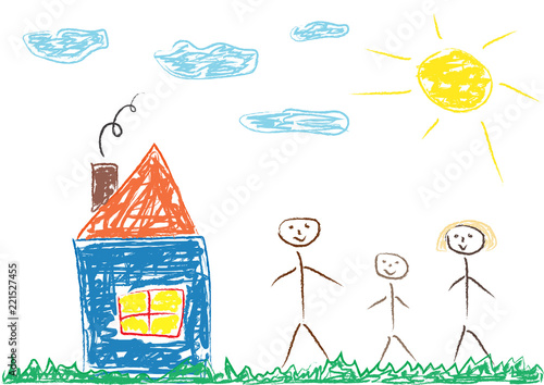 Сhildren's drawing of family (mother, father and child) and house, vector