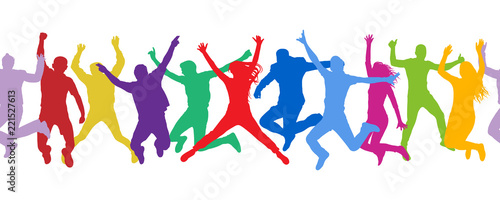 Seamless pattern. Cheerful crowd jumping people. Colorful.