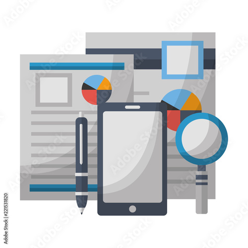 paperworks financial graph cellphone magniftying glass and pen
