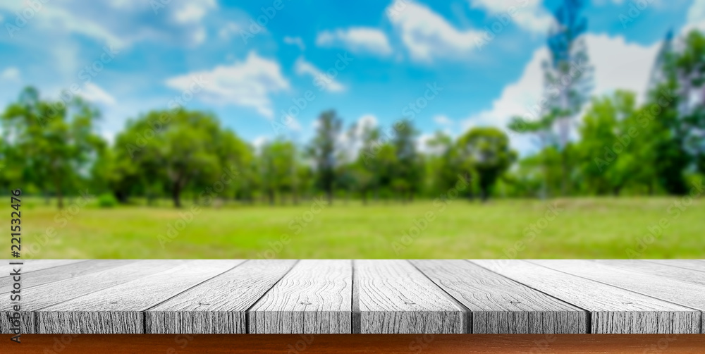 Wooden tabletop with green park nature blurred background