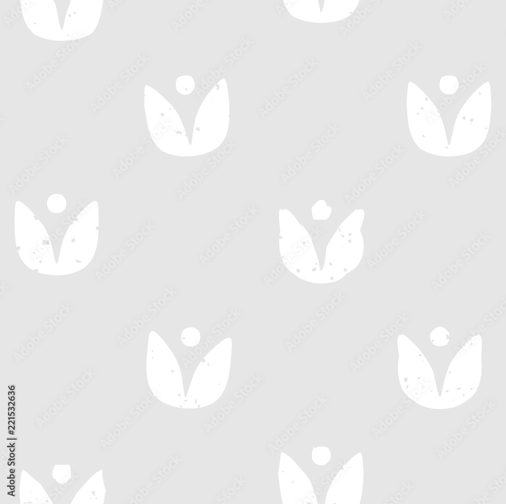 Block print seamless pattern with floral motif. White flowers on light grey background
