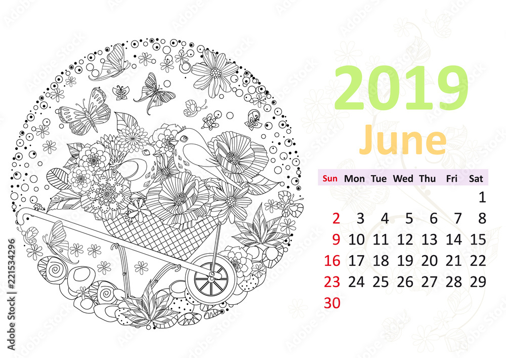 Happy coloring page. Calendar for 2019, june Stock Vector | Adobe Stock