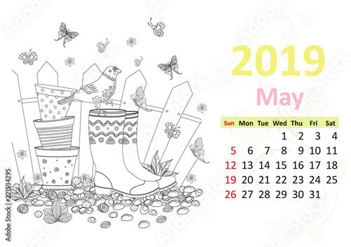 Happy coloring page. Calendar for 2019, may