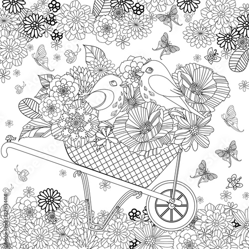 lovely flowers and couple of birds in garden wheelbarrow for you