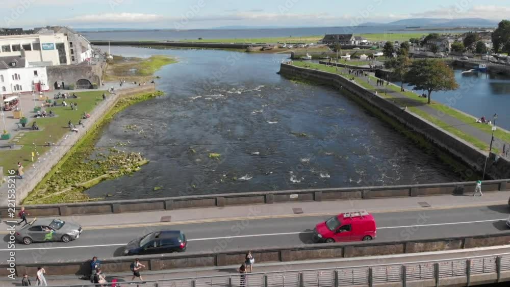 An aerial view of River Corrib and the Wolfe Tone Bridge in Galway ...