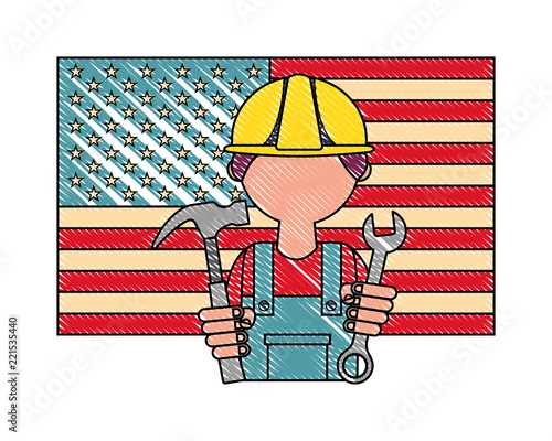 man builder with flag USA and tools